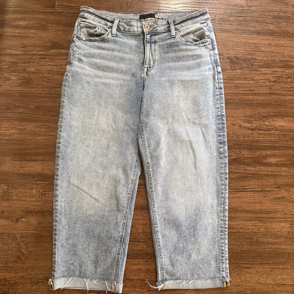 Edgely 14W Short High Rise Light Distress Wide Straight Ankle Mom Jeans Raw Hem